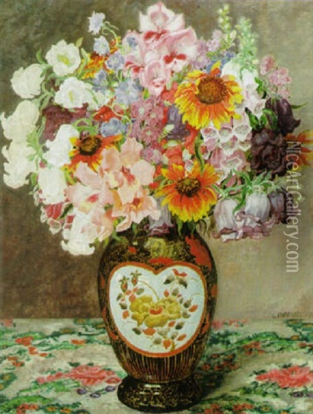 Prachtvoller Sommerblumenstraus In Japanischer Vase Auf Besticken Tuch Oil Painting - Louise Fraenkel-Hahn