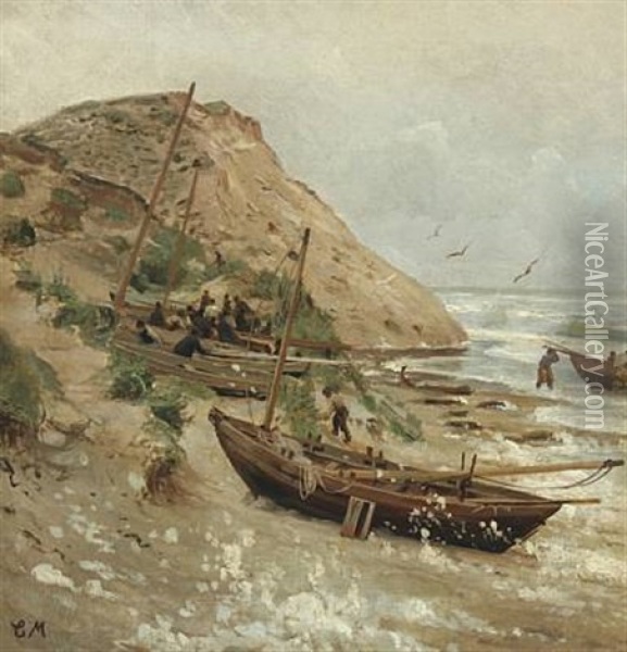 Fishermen By The Boats, Lonstrup Oil Painting - Christian Ferdinand Andreas Molsted