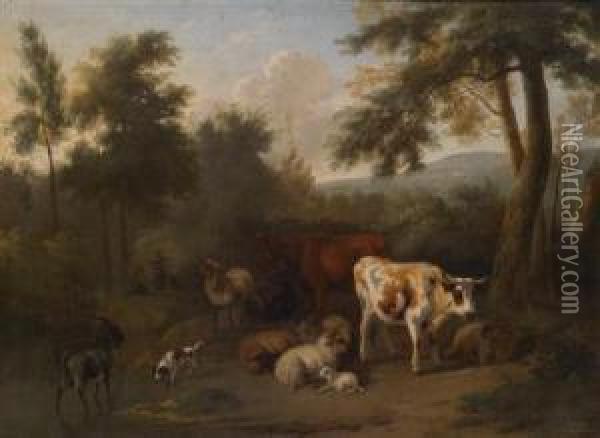 A Wooded Landscape With Resting Cattle Andherders Oil Painting - Jan Vermeer Van Delft