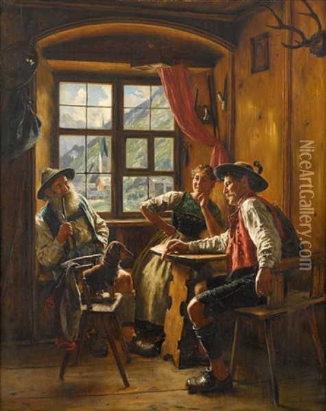 Entertained In The Tavern Oil Painting - Emil Rau