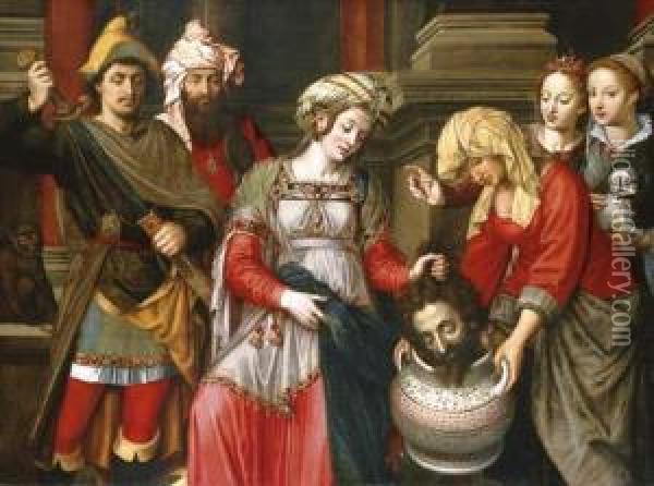 Queen Tomyris With The Head Of Cyrus Oil Painting - Michiel Van Coxcie