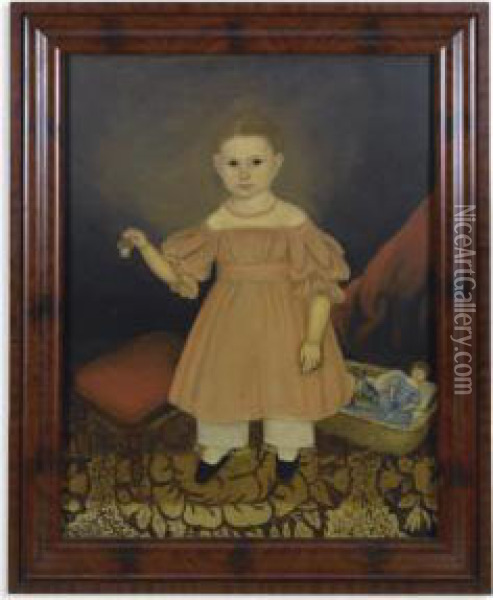 Portrait Of A Young Girl In Pink Dress With Doll's Basket Anddoll's Fruit Basket Oil Painting - Joseph Whiting Stock