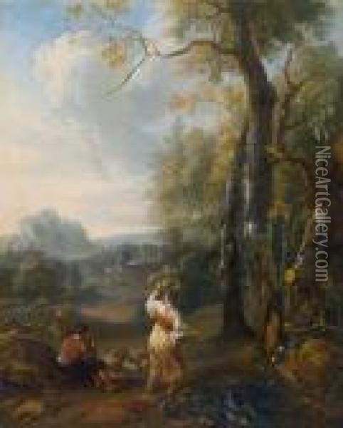 Eine Junge Hirtin Und Ein Flotenspielender Hirt In Einer Bewaldeten Landschaft Oil Painting - Adam Pynacker