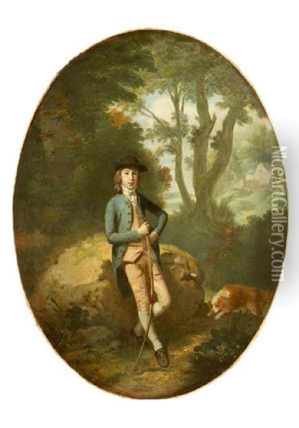 Portrait Of Frederick Howard 5th Earl Of Carlisle (1748-1828) With A Rabbit And A Bow And His Dog In Landscape Oil Painting - Thomas Gainsborough