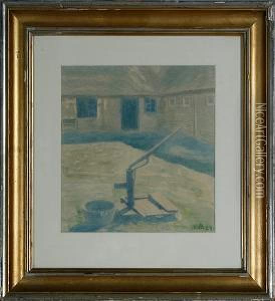 Court Exterior With Water Pump Oil Painting - Niels Bjerre