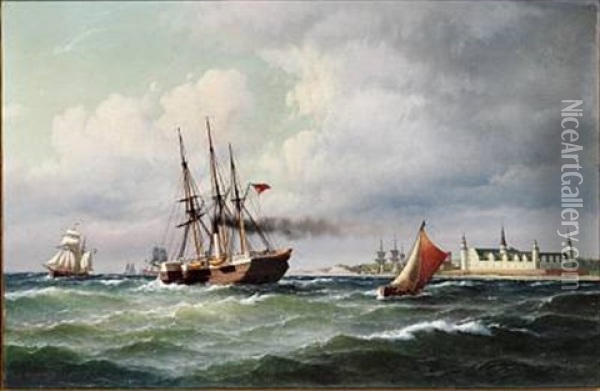 Steamboat, Pilot Boat And Sailing Ships In Oresund Near Kronborg Oil Painting - Carl Ludwig Bille