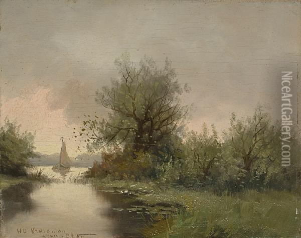 A Boat On A River Oil Painting - Hendrik D. Kruseman Van Elten