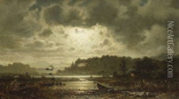 Abendstimmung An Einem Waldweiher Oil Painting - Dietrich Langko