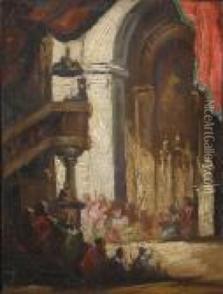 A Church Interior With A Figure Preaching Oil Painting - Eugenio Lucas Velasquez