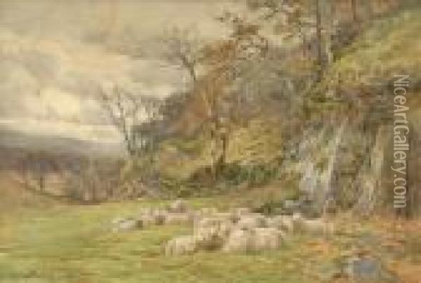 Autumn, Sheepresting Beneath A Rocky Escarpment Oil Painting - Charles James Adams
