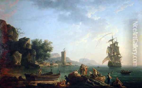 Coast scene with British man of war Oil Painting - Claude-joseph Vernet