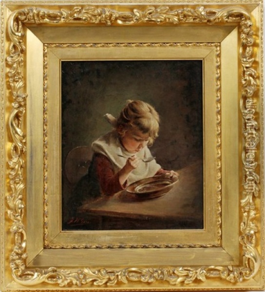 Little Girl Eating Soup Oil Painting - Joseph W. Gies