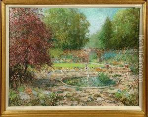 A Garden And Ornamental Pond In Summer - Oil Pastel Oil Painting - John Falconar Slater