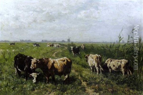 Polderlandschap Met Grazende Koeien Oil Painting - Johannes Hubertus Leonardus de Haas