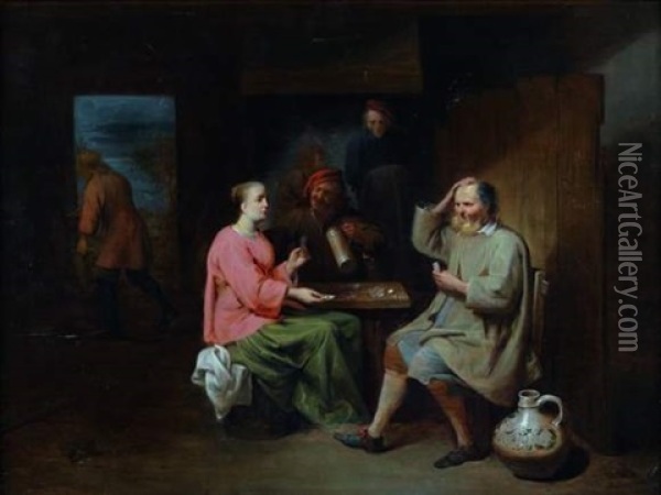 Les Joueurs De Cartes Dans Un Interieur Oil Painting - Matheus van Helmont