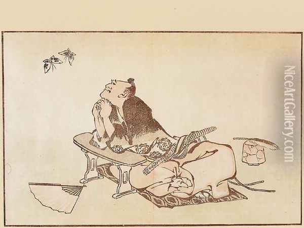 Philosopher Watching a Pair of Butterflies Oil Painting - Katsushika Hokusai