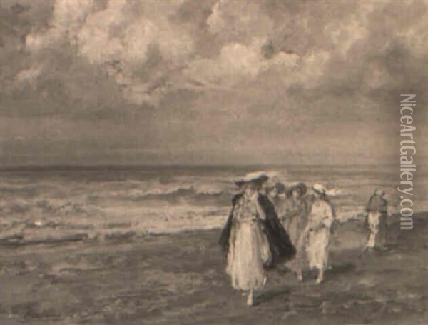 Donne Sulla Spiaggia Oil Painting - Pompeo Mariani