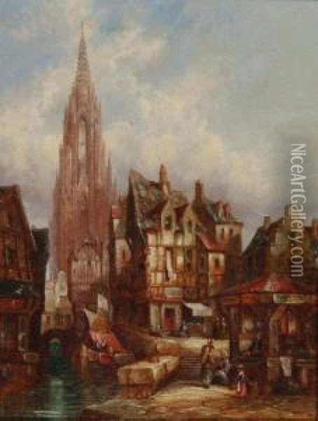 Freiburg Cathedral And Street Scene Oil Painting - Henry Thomas Schafer