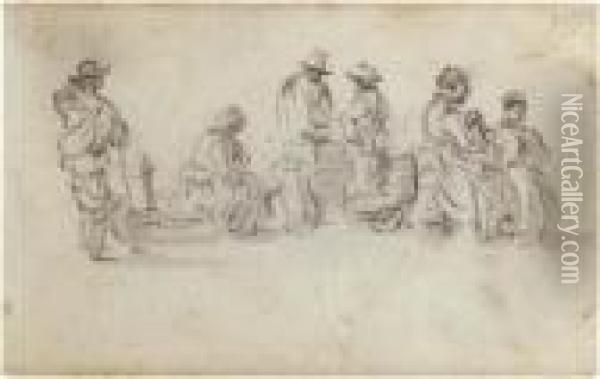 A Sketchbook Page: Study Of Six 
Figures At A Marketplace, Two Discussing Goods, Another Seated On A 
Wheelbarrow Oil Painting - Jan van Goyen