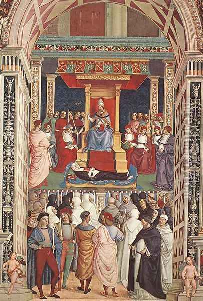 Pope Aeneas Piccolomini Canonizes Catherine of Siena 1502-08 Oil Painting - Bernardino di Betto (Pinturicchio)