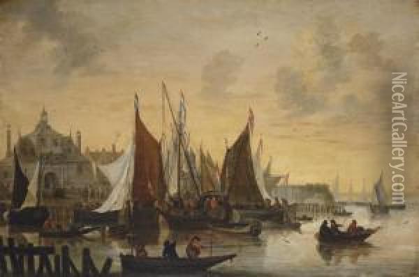 View Of The Oude Hoofdpoort, Rotterdam, With Sportsmen Shooting Duck In The Foreground Oil Painting - Hendrick De Meijer