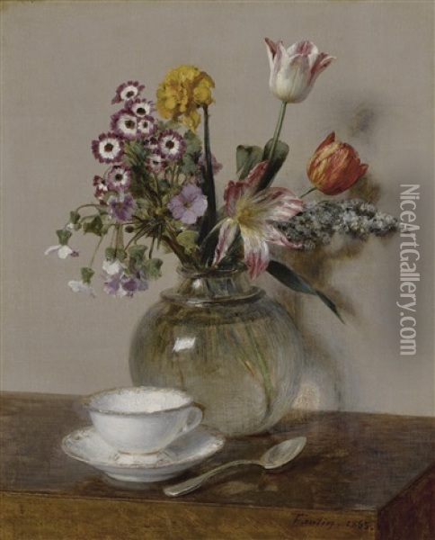 Fleurs De Printemps Avec Une Tasse Et Une Soucoupe Oil Painting - Henri Fantin-Latour