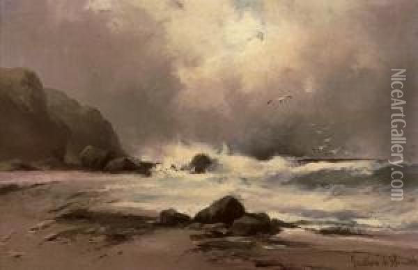 Waves Against A Beach Oil Painting - Gustave de Breanski