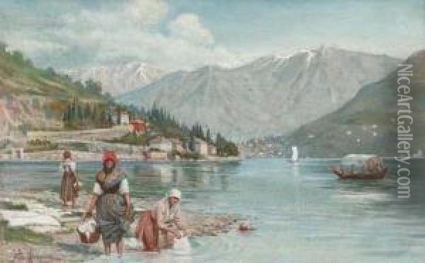 Washerwomen At The Edge Of An Italian Lake Oil Painting - Ettore Ximenes