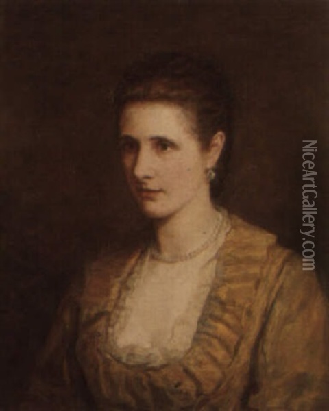 Portrait Of A Woman In A Yellow Lace Trimmed Dress And Pearl Necklace Oil Painting - Archibald James Stuart Wortley