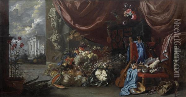Amagnificent Still Life With Shells, Fruit, Vegetables And A Flute Against An Architectural Backdrop Oil Painting - Michel Bouillon