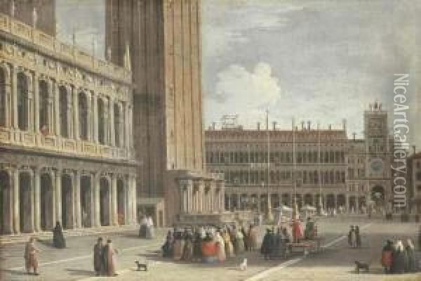 Venice: The Piazza San Marco 
Looking North From The Piazzetta Towards The Torre Del'orologio Oil Painting - Giovanni Richter