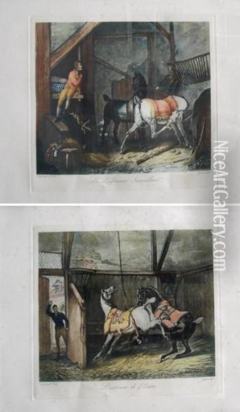 L'interieur De L'ecurie, Le Palefrenier Surveillant Oil Painting - Carle Vernet