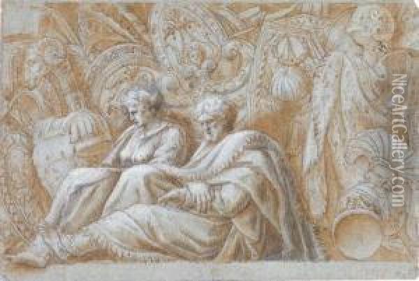Entwurf Fur Ein Dekoratives Fries Mit Zwei Sitzenden Figuren Oil Painting - Polidoro Da Caravaggio (Caldara)