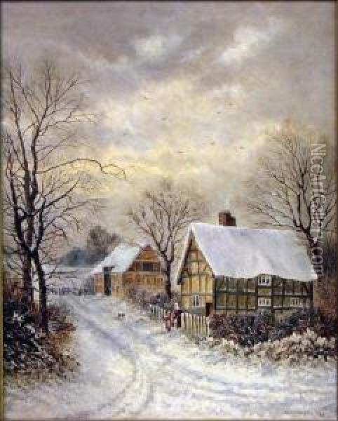 Cottages And Figures In Winter Landscape Oil Painting - Charles Brooke Branwhite