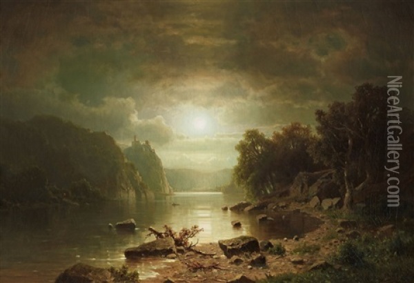 Flusslandschaft Mit Burg Bei Mondschein Oil Painting - Adolf Chwala