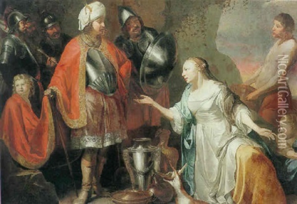 Abigail Offering Food And Drink To David Oil Painting - Hendrik Heerschop