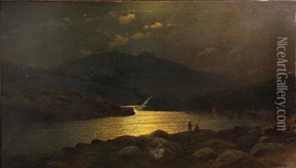 A Moonlit Lake Surrounded By Mountains With Two Figures In The Foreground Oil Painting - Georgy Z. Bashinzhagyan