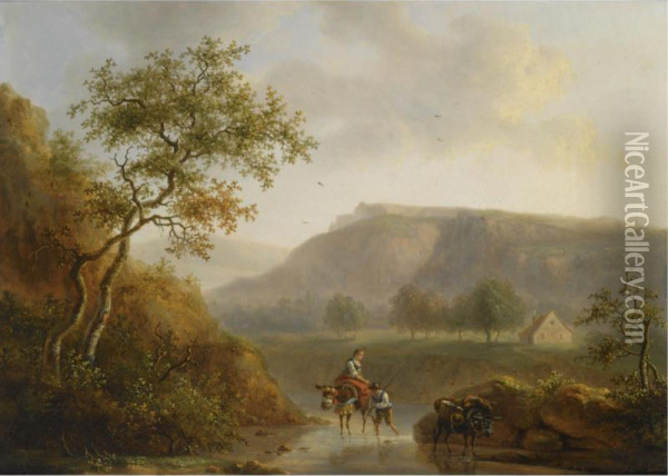 Travellers In A River Landscape Oil Painting - Willem Bodemann