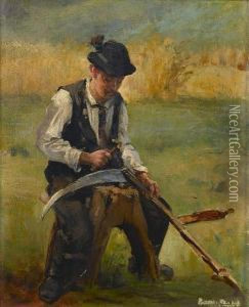 Study Of A Man Repairing A Scythe Oil Painting - Wilhelm Leibl
