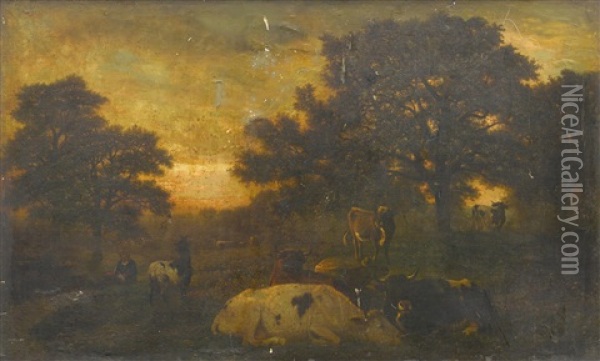 Cattle Resting In A Meadow At Evening Oil Painting - Guillaume (Wilhelm) Wintz