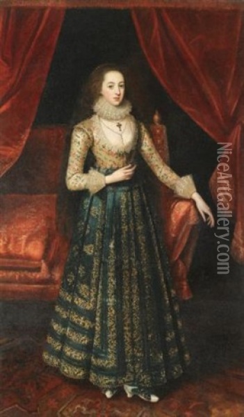 Portrait Of A Lady (lady Anne Cecil, Daughter Of William Cecil, 2nd Earl Of Exeter ?) Oil Painting - Robert Peake the Elder