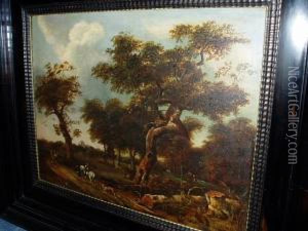 Figures And Horse In A Woodland Landscape Oil Painting - Jan Hackaert
