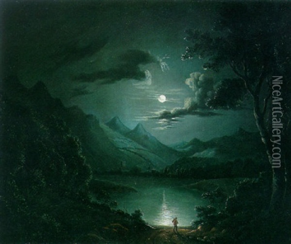 A Moonlit Lake Scene With A Figure And Dog In The Foreground Oil Painting - Henry Pether