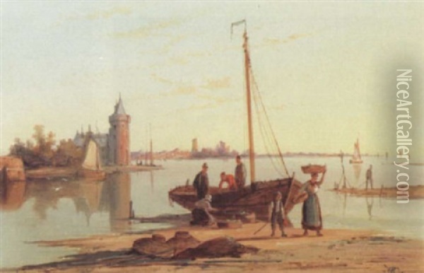 Dutch Riverside View Oil Painting - William Raymond Dommersen