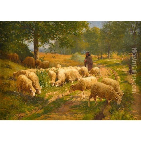 Shepherd And His Flock Oil Painting - Max Breu