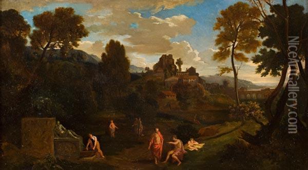 Paesaggio Con Borgo, Rovine E Figure Presso Una Fontana Oil Painting - Jan Frans Van Bloemen (Orizzonte)