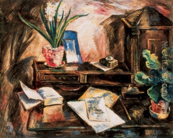 Desk Still Life With A Hyacinth Oil Painting - Janos Schadl