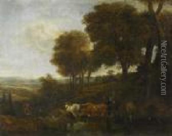 A Wooded Landscape With Drover And Cattle By A Ford Oil Painting - Nicolaes Berchem