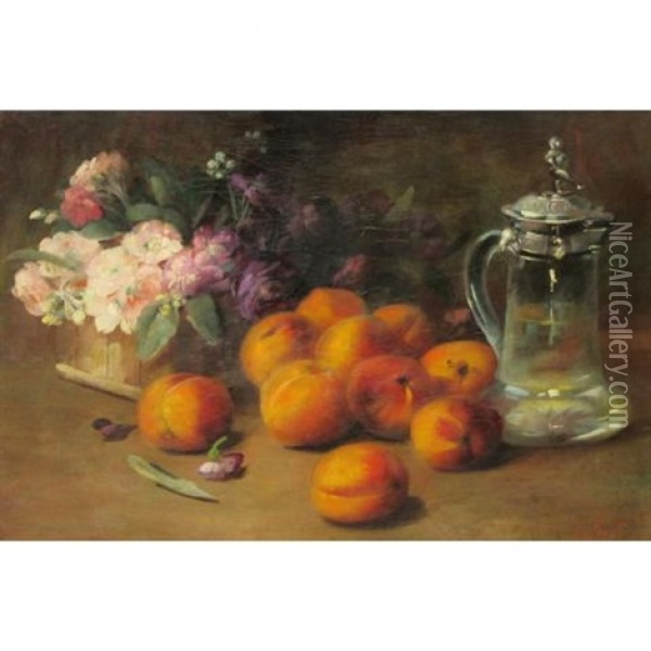 Still Life With Peaches, Blossoms And A Silver-lidded Flagon Oil Painting - Frederick M. Fenetti