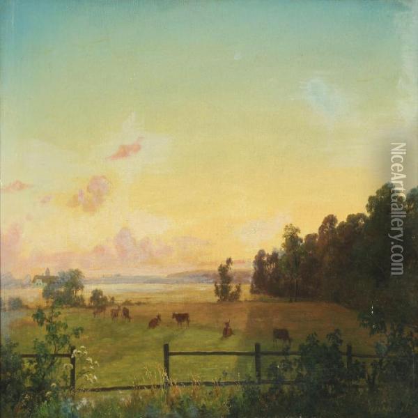 Summer Landscape With Cows In The Field Oil Painting - Axel Thorsen Schovelin